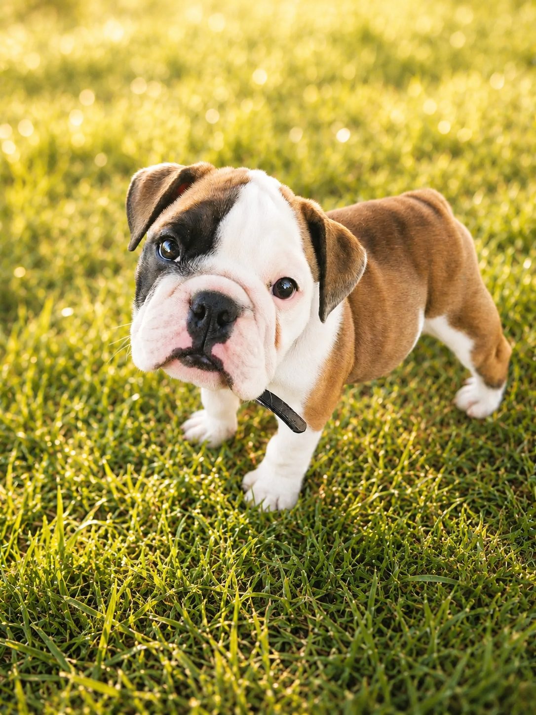 English bulldog puppy mid-stride across sunlit grass