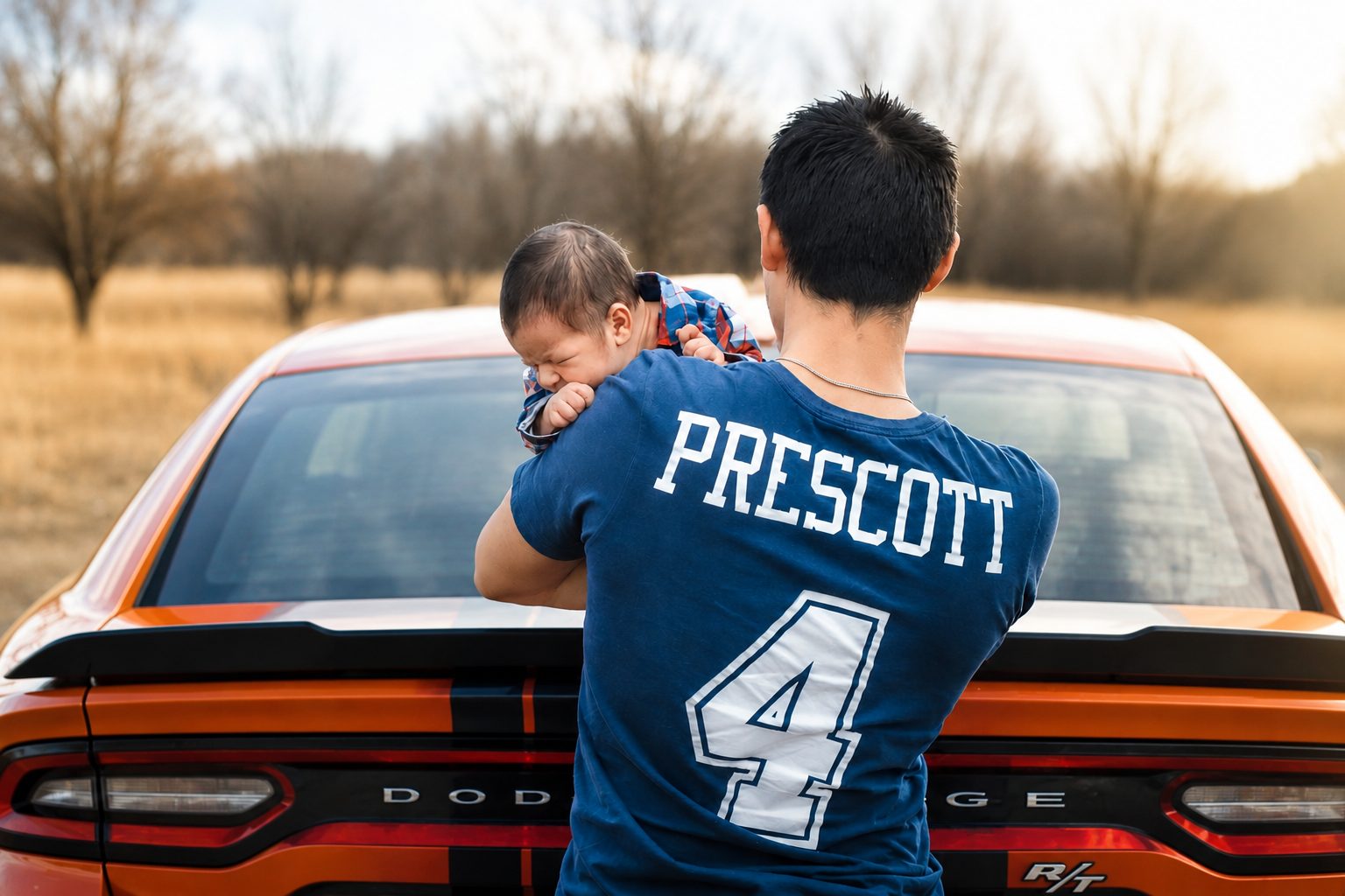 Father lifting his baby son above the hood of a classic orange muscle car