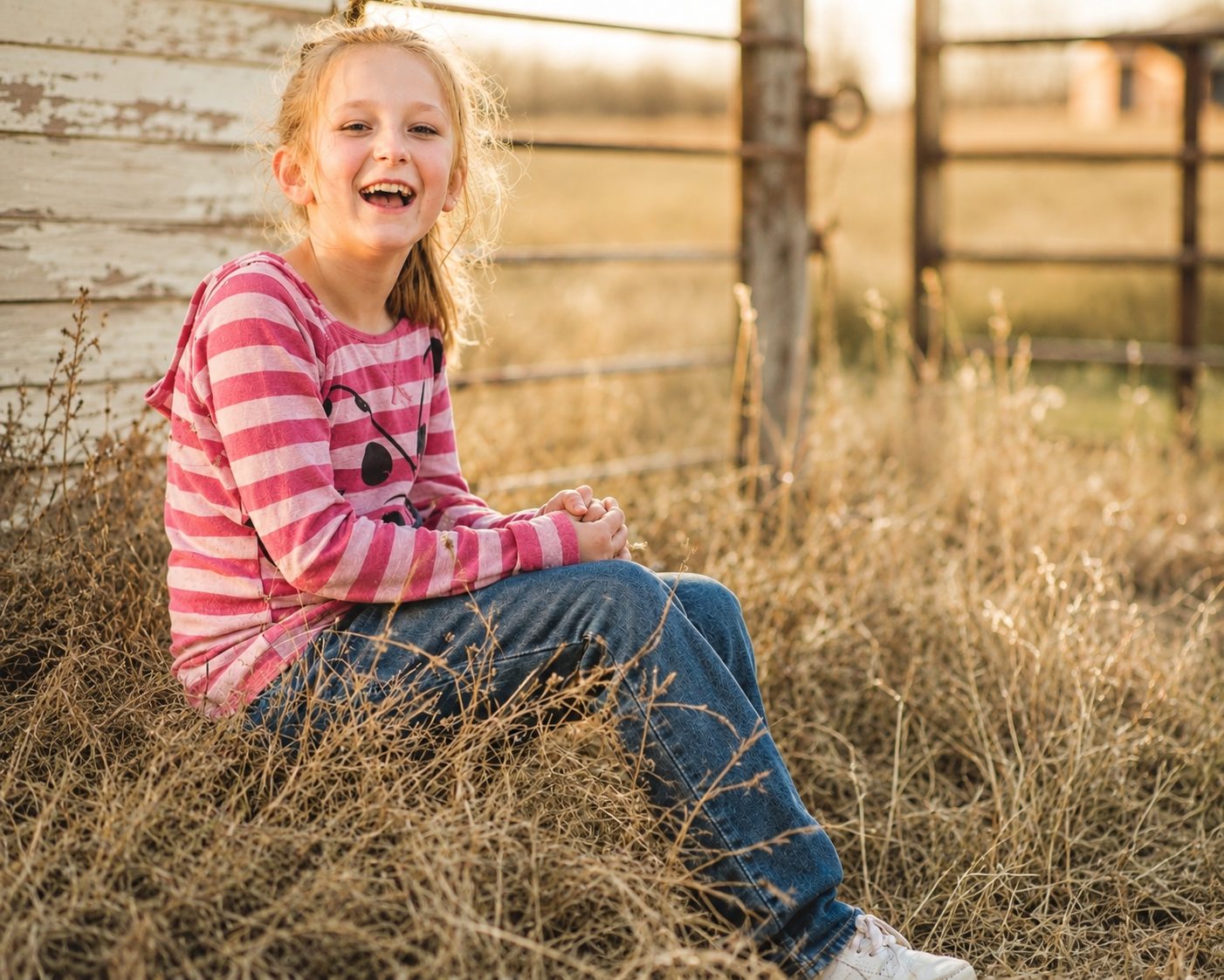 Young girl laughing in a field of winter grass