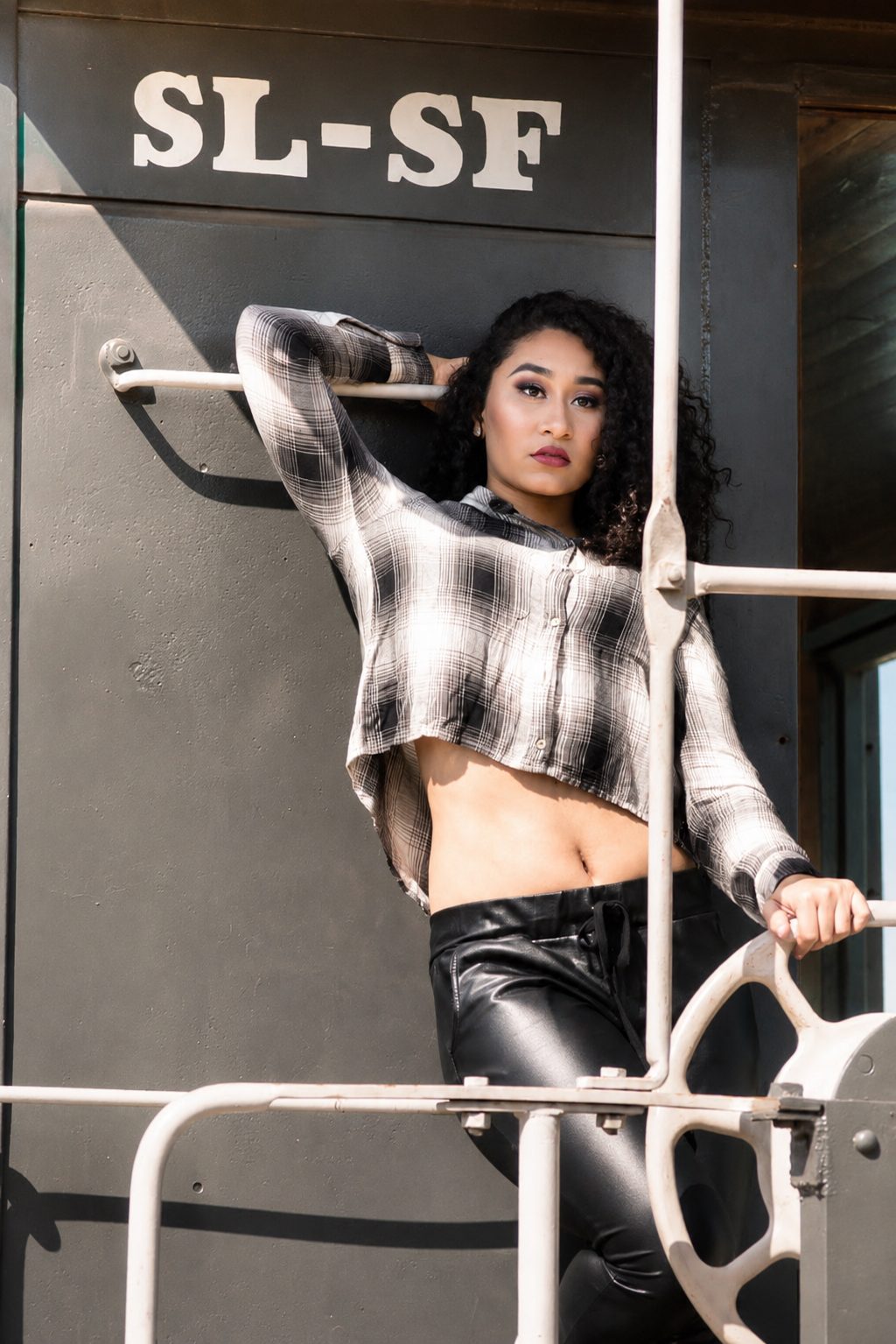 Editorial fashion portrait posed on the ladder of a vintage railway car
