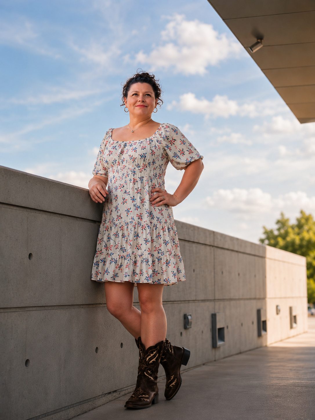 Full-length portrait of a woman in a floral dress and cowboy boots against a concrete wall