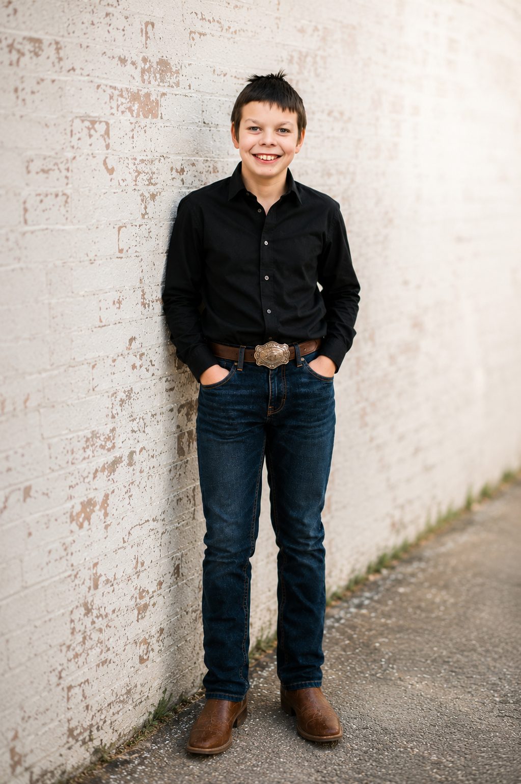 Senior portrait of a young man against a whitewashed brick wall