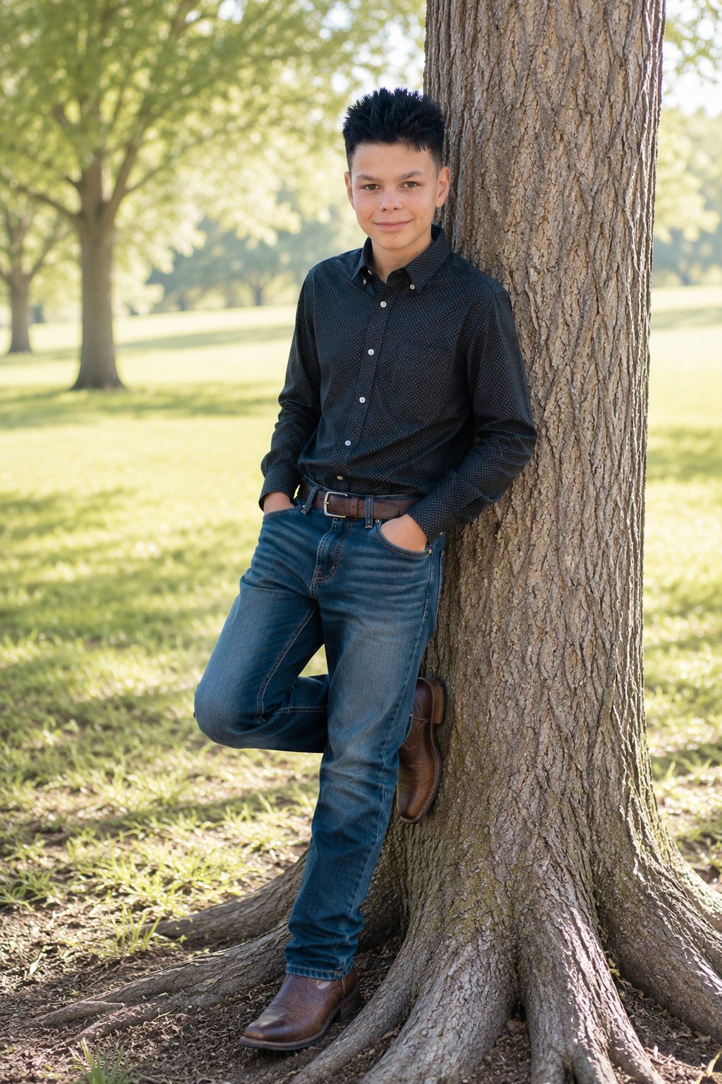 Senior portrait of a young man leaning against a tree in open afternoon light