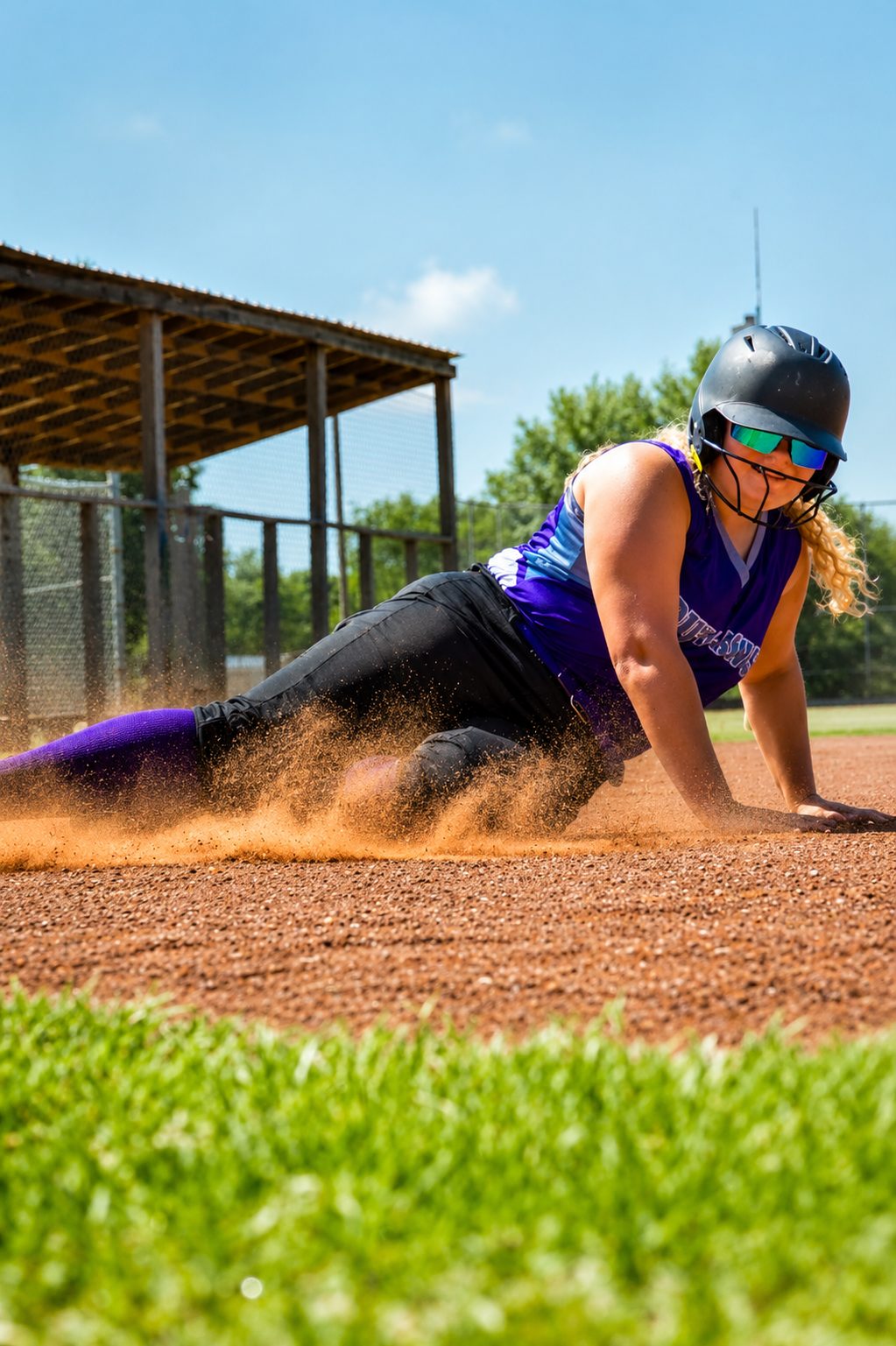 Action sports photograph of a softball player sliding into base in a cloud of dust